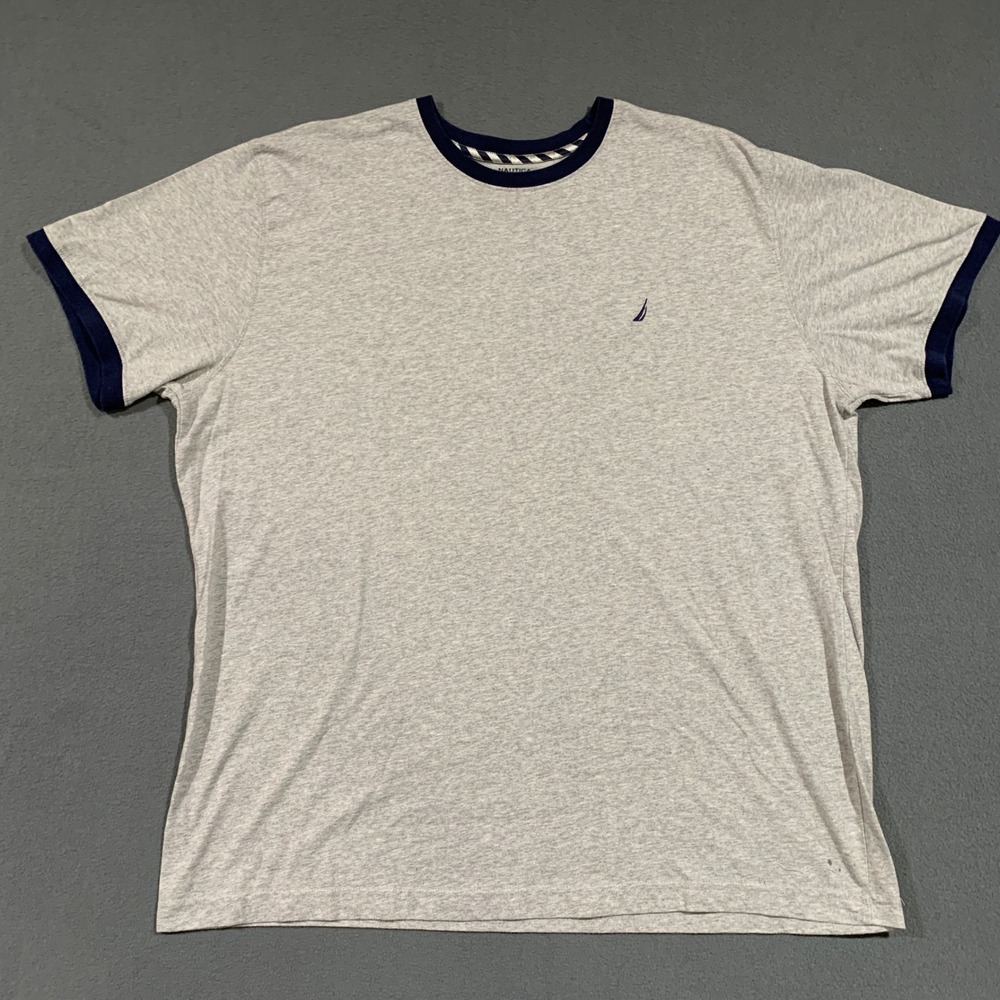 Nautica Sleepwear XXL Mens Gray T Shirt Navy Ringer‎ Collar Short Sleeve